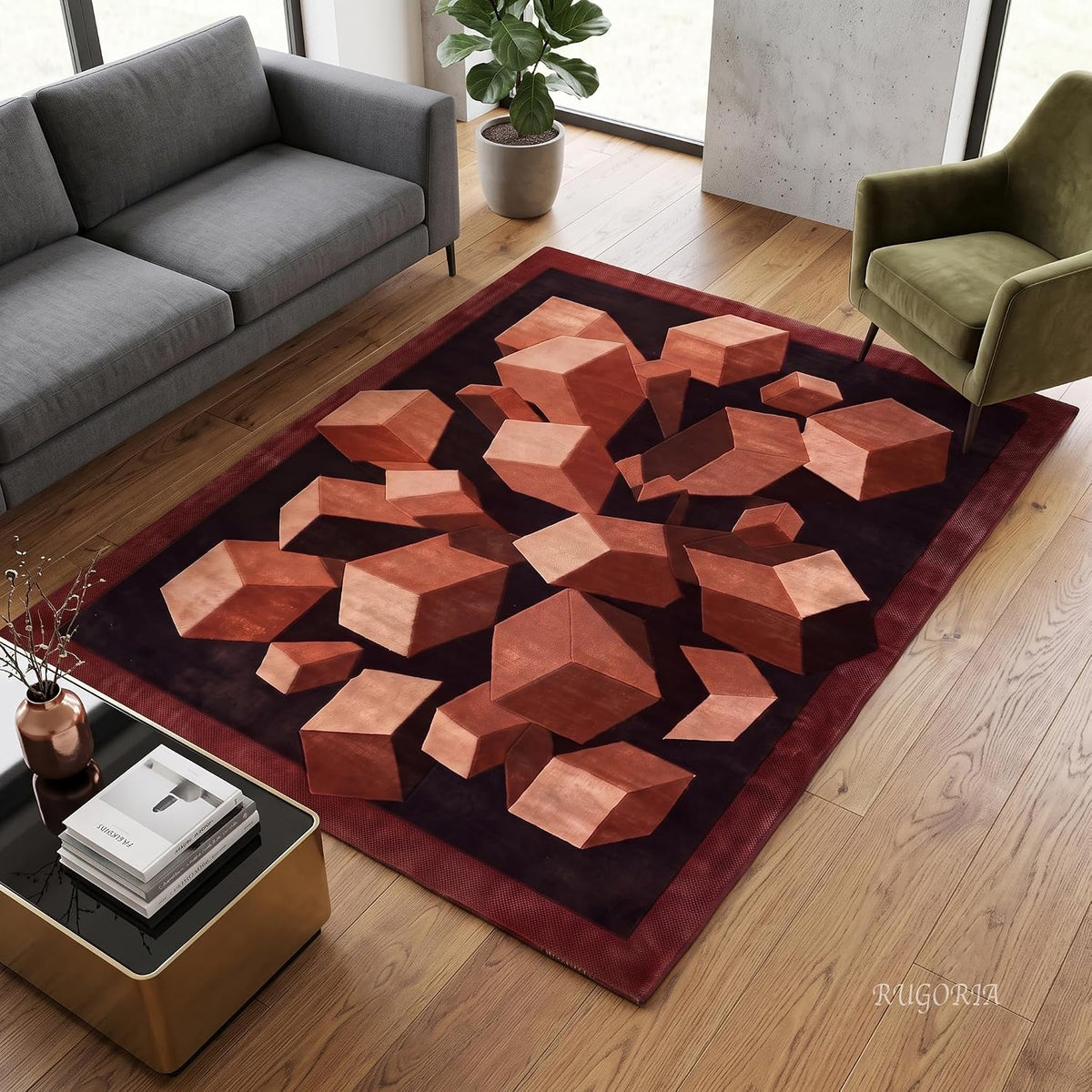 Hand-Tufted Wool Area Rug, 3D Cube Design