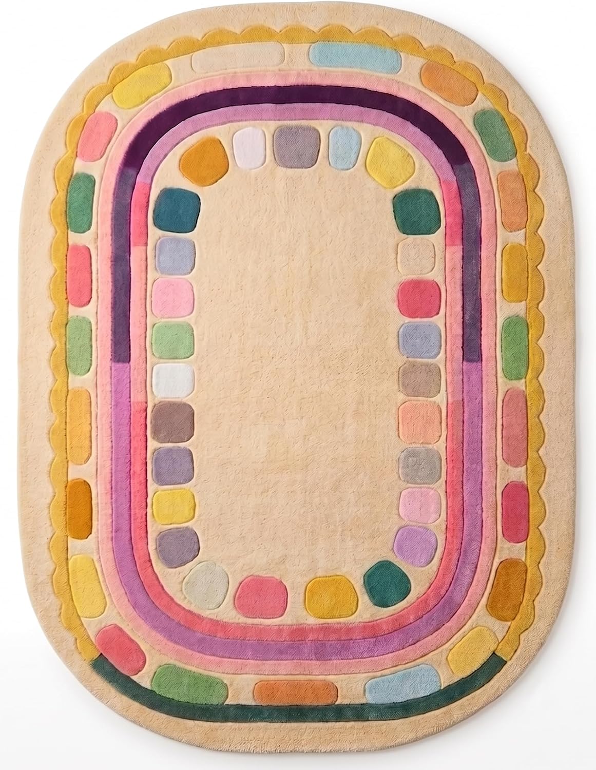 Hand Tufted Wool Rug, Rounded Rectangle Geometric Border Design,