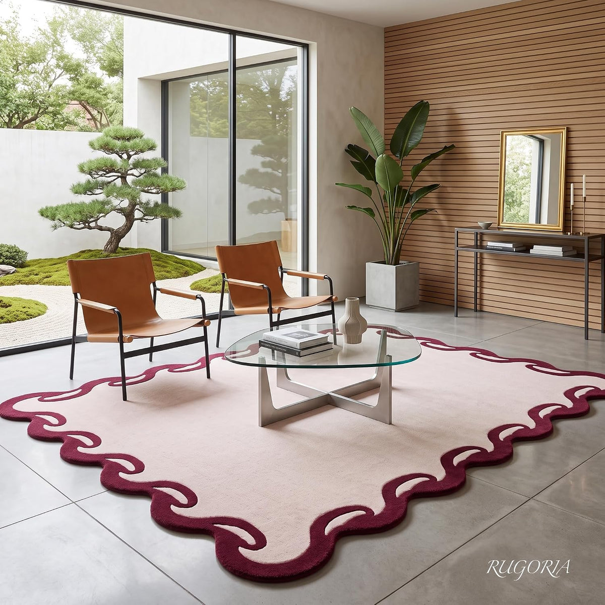 Hand-Tufted Wool Area Rug Scalloped Wave Border,
