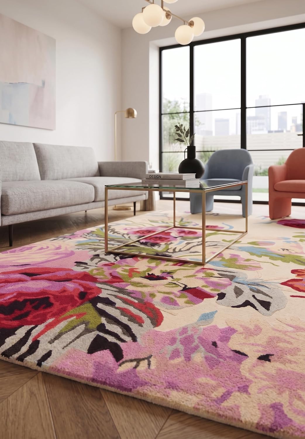 Modern Rose Floral Wool Rug | Colorful Garden Flower Design Carpet