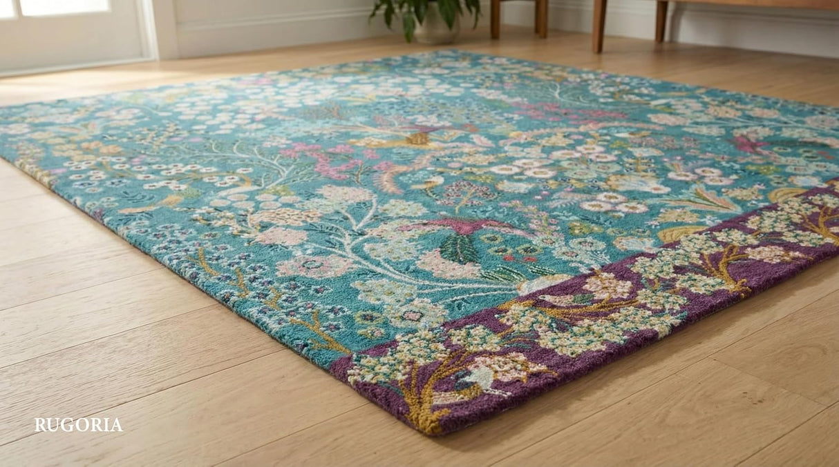 Hand-Tufted Wool Area Rug  Floral Botanical Garden Design