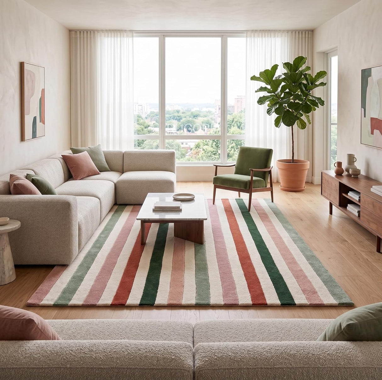Handmade Wool Rug with Colorful Vertical Stripes Soft Hand Tufted Carpet