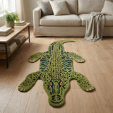 Handmade 100% Wool Area Rug with Realistic Crocodile-Inspired Animal Print Design