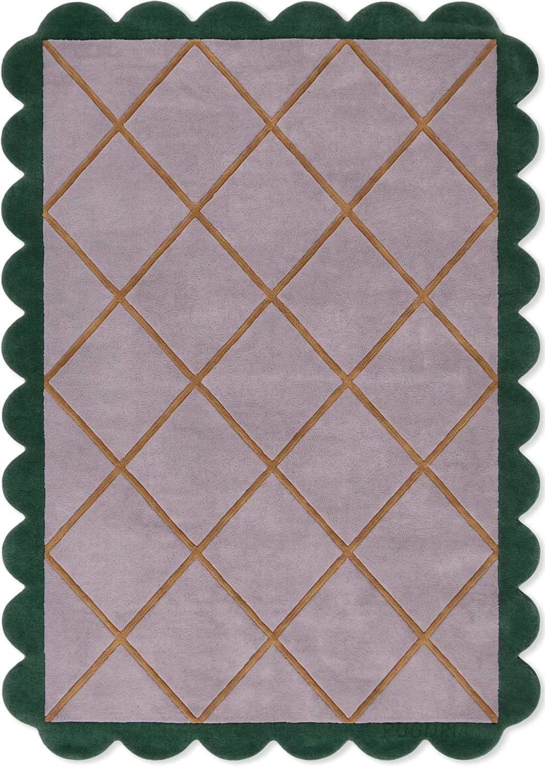 Modern Hand Tufted Wool Rug, Scalloped Border, Geometric Diamond Pattern,