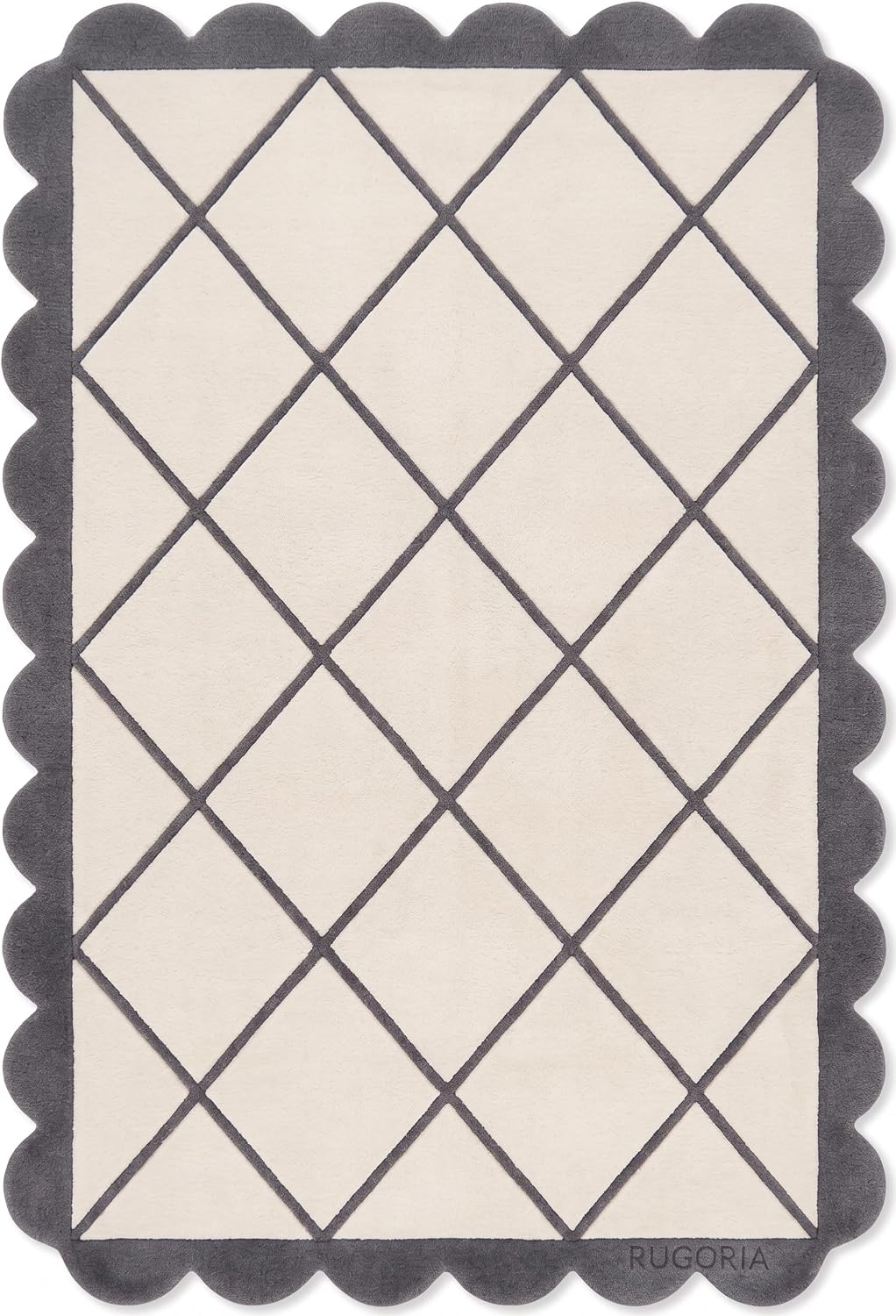 Modern Hand Tufted Wool Rug, Scalloped Border, Geometric Diamond Pattern,