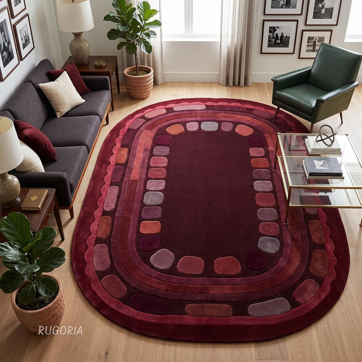 Hand Tufted Wool Rug, Rounded Rectangle Geometric Border Design,