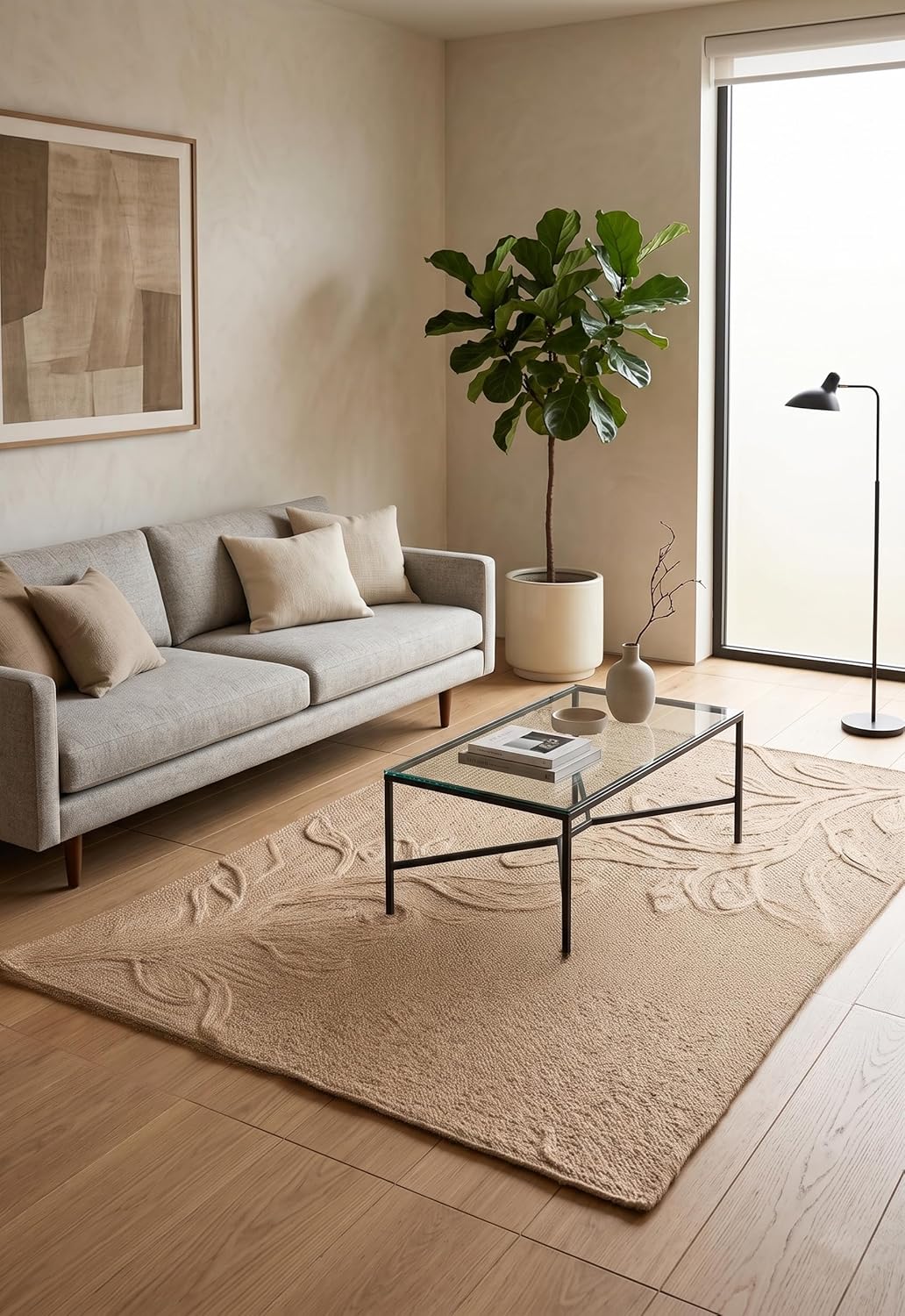 Handwoven Jute Rug with Textured Floral Border Design, Natural Fiber Rug