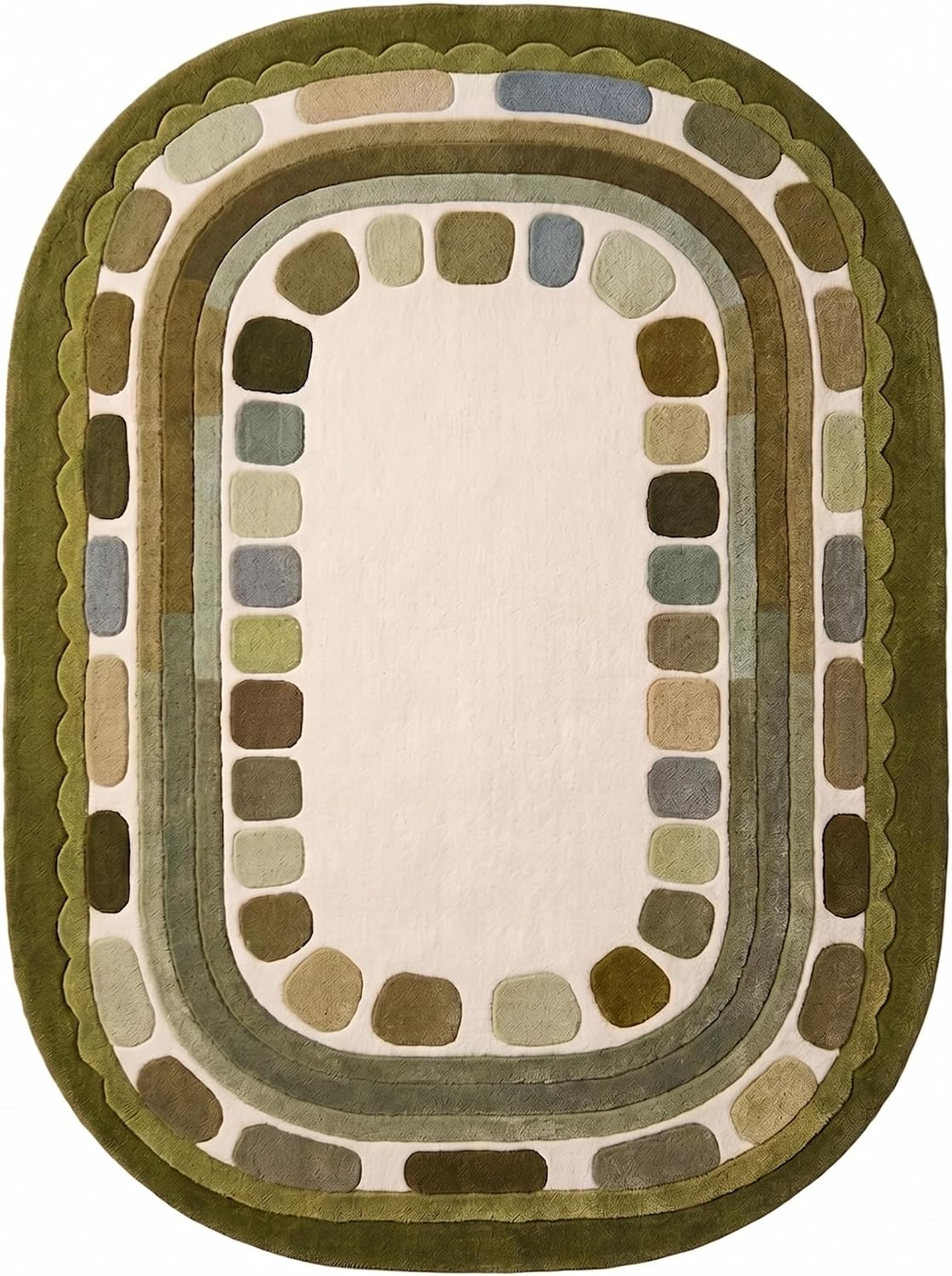 Hand Tufted Wool Rug, Rounded Rectangle Geometric Border Design,