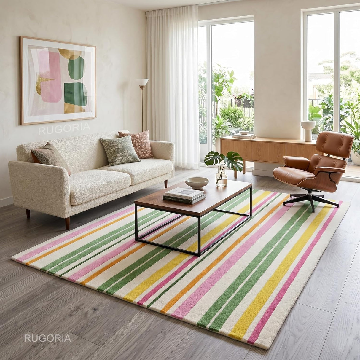 Handmade Wool Rug with Colorful Vertical Stripes Soft Hand Tufted Carpet