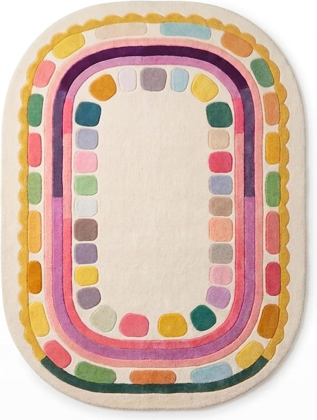 Hand Tufted Wool Rug, Rounded Rectangle Geometric Border Design,