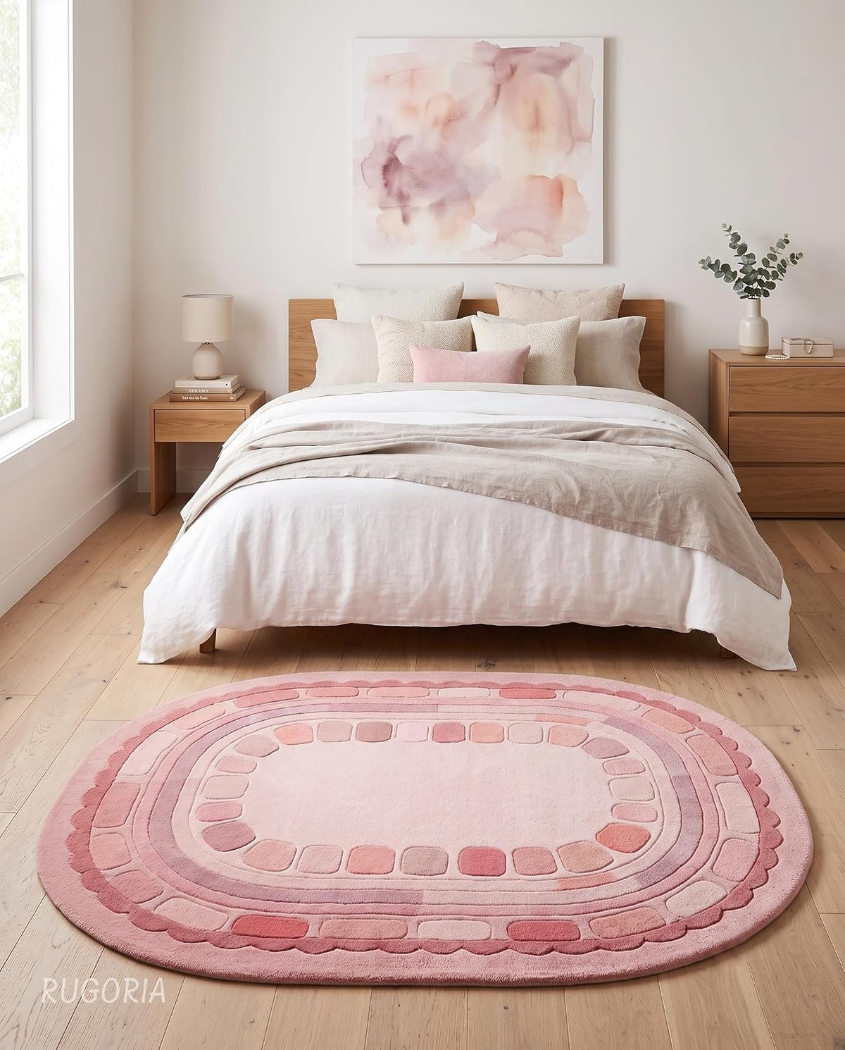 Hand Tufted Wool Rug, Rounded Rectangle Geometric Border Design,
