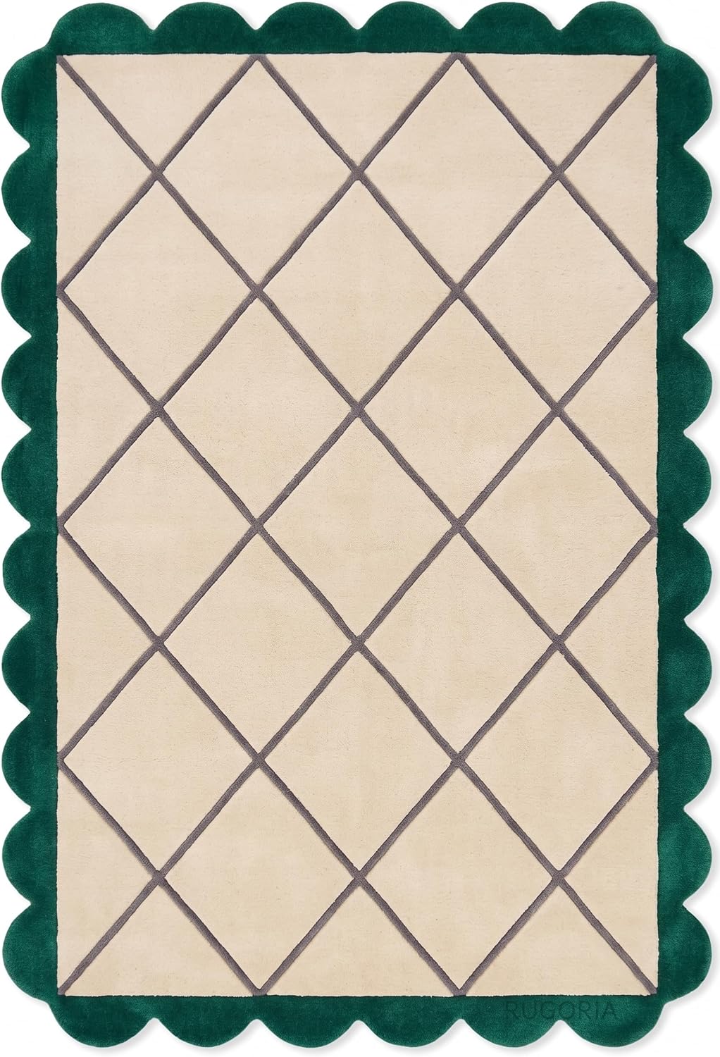 Modern Hand Tufted Wool Rug, Scalloped Border, Geometric Diamond Pattern,