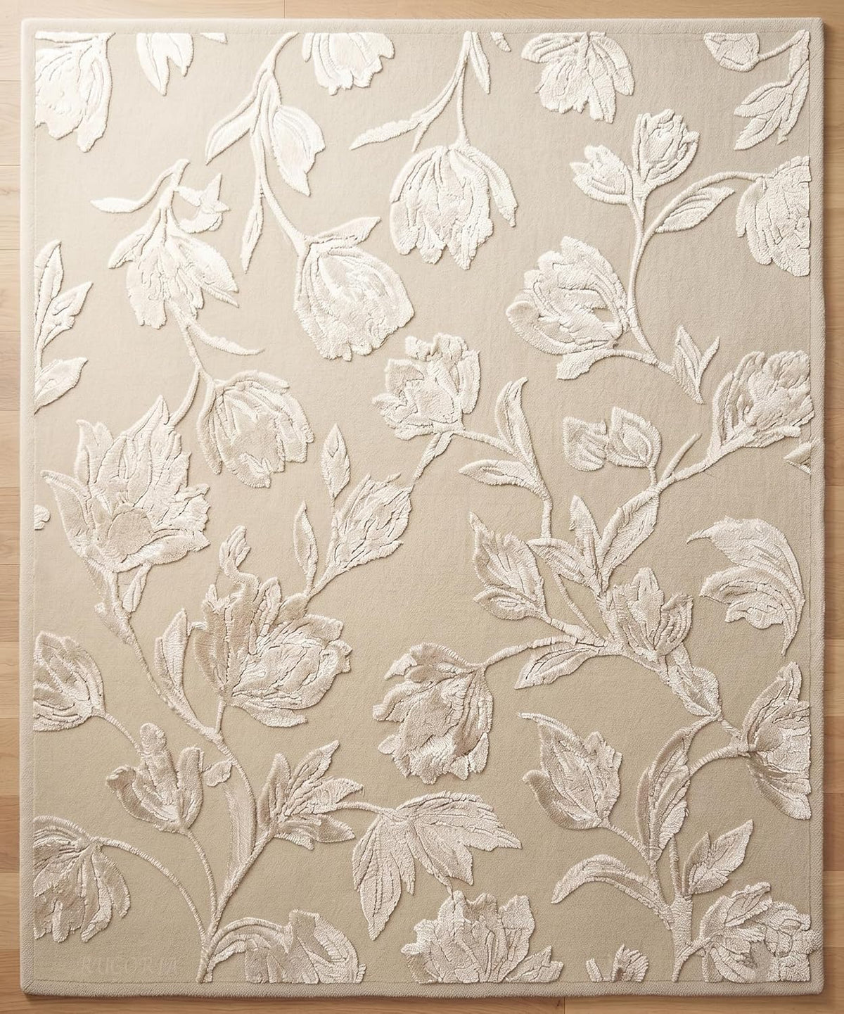 Hand Tufted Floral Wool Area Rug, Raised Botanical Carved Design
