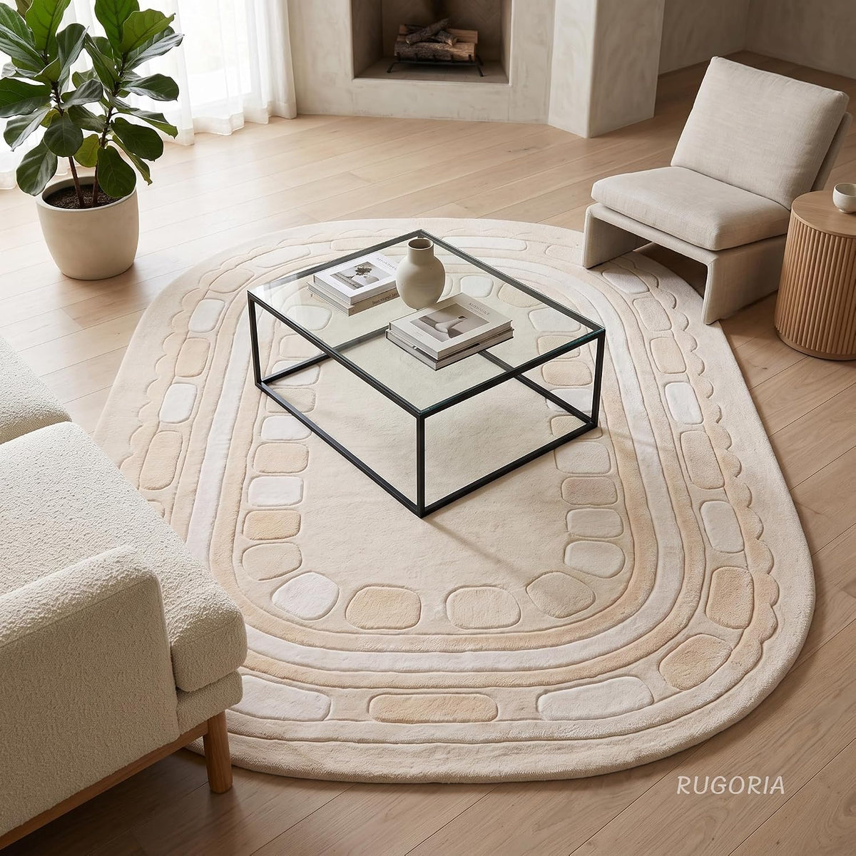 Hand Tufted Wool Rug, Rounded Rectangle Geometric Border Design,