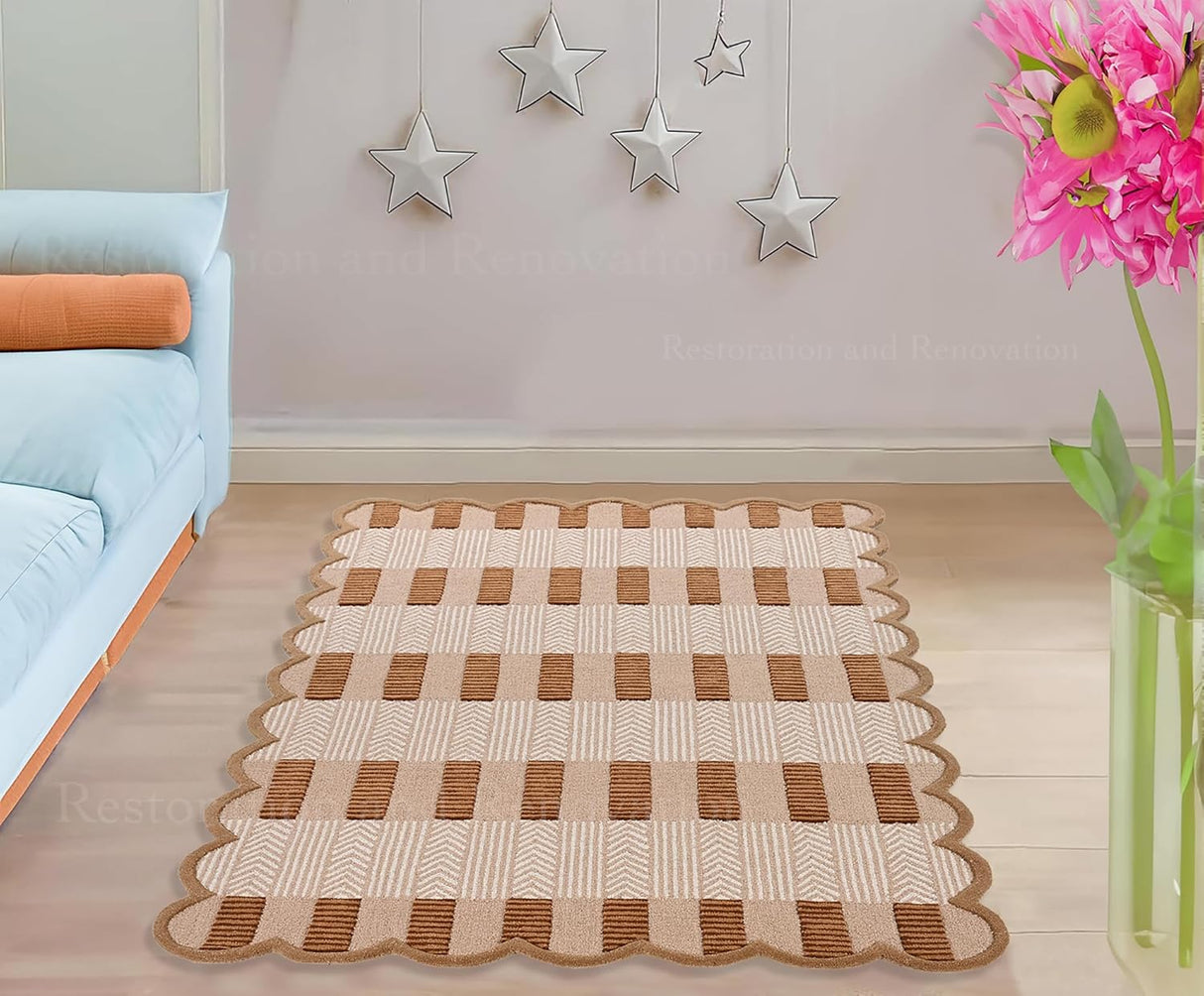 Handmade Scalloped Wool Area Rug - Modern Geometric Pattern & Green-Beige Stripes