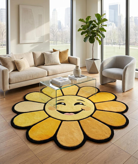 Hand Tufted Wool Area Rug Flower Shape Cartoon Face Design