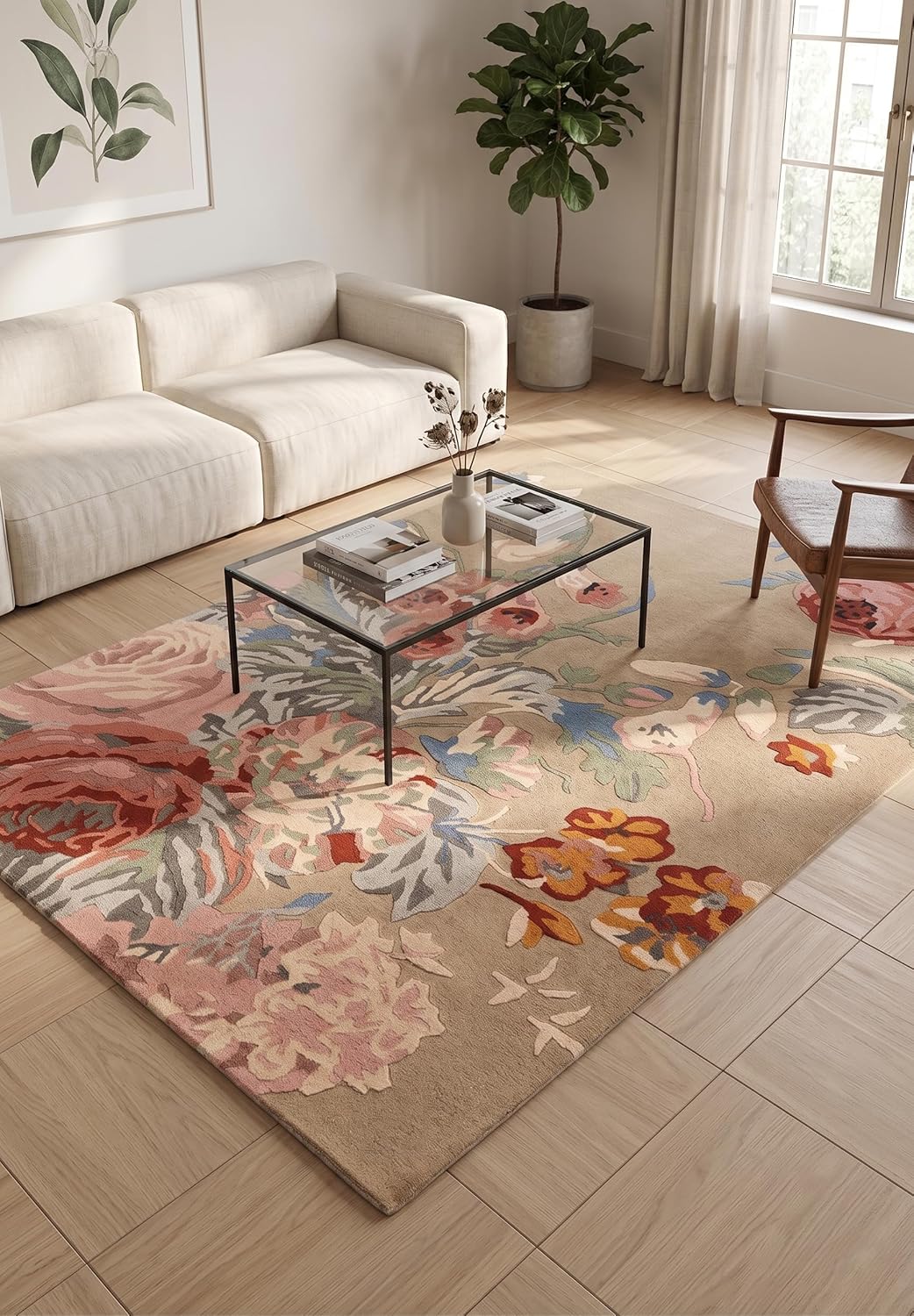 Modern Rose Floral Wool Rug | Colorful Garden Flower Design Carpet