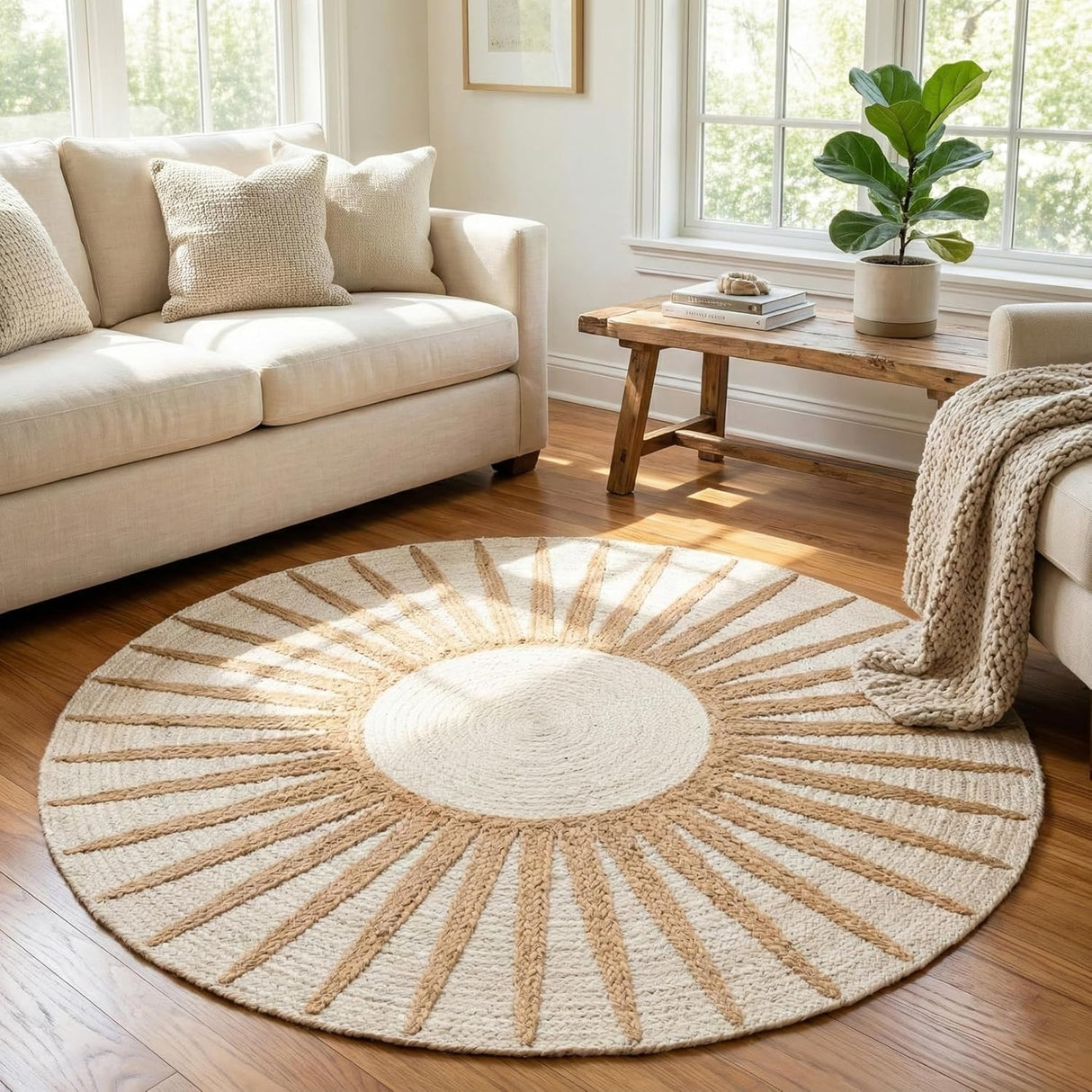 Round sunburst rug in a cozy living-room