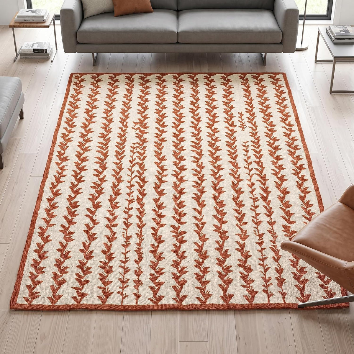 Hand-Tufted Wool Area Rug, Botanical Vine Pattern, Soft Thick Wool Carpet