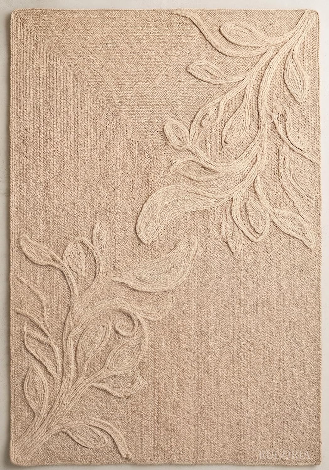 Handwoven Jute Rug with Textured Floral Border Design, Natural Fiber Rug