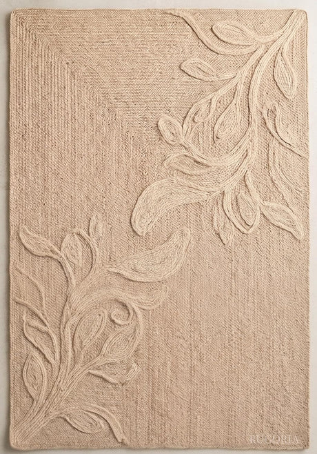 Handwoven Jute Rug with Textured Floral Border Design, Natural Fiber Rug