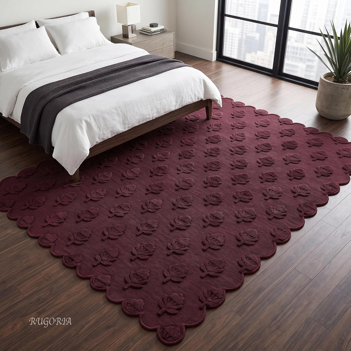 Hand Tufted Wool Rug, Floral Botanical Pattern with Scalloped