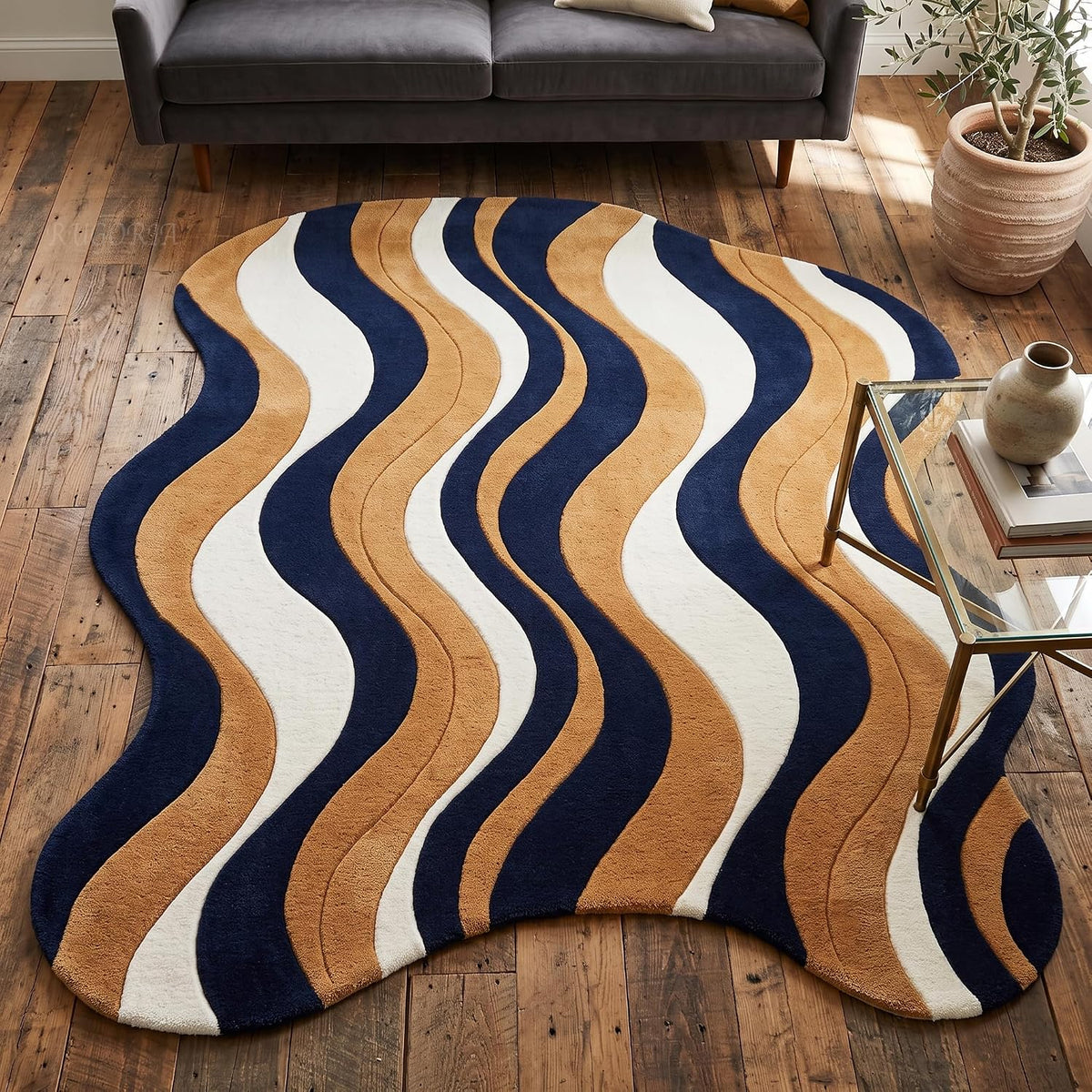 Modern Hand Tufted Wool Area Rug, Abstract Wave Striped Pattern,