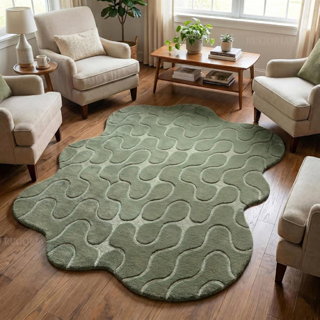 Hand-Tufted Abstract Wool Rug Wavy Pattern Irregular Organic Shape