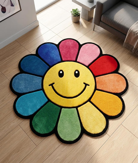 Hand Tufted Wool Area Rug Flower Shape Cartoon Face Design