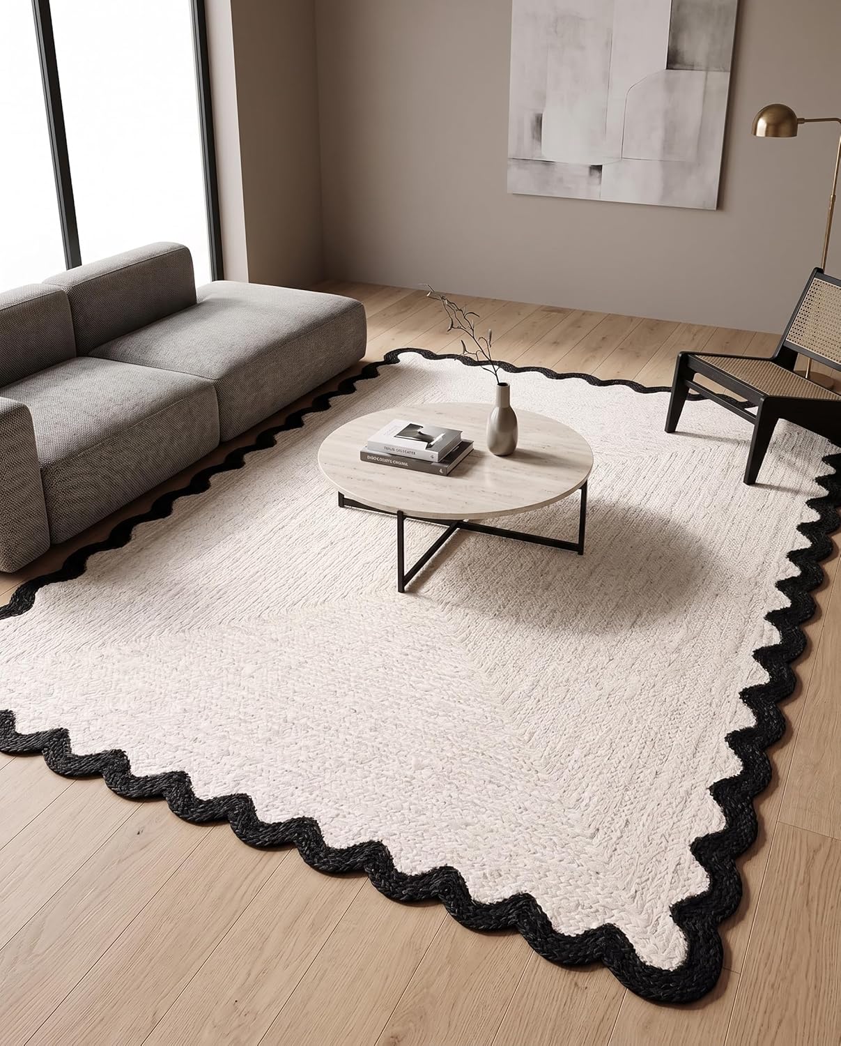 Handwoven Jute Rug with Scalloped Border, Natural Fiber Indoor Rug