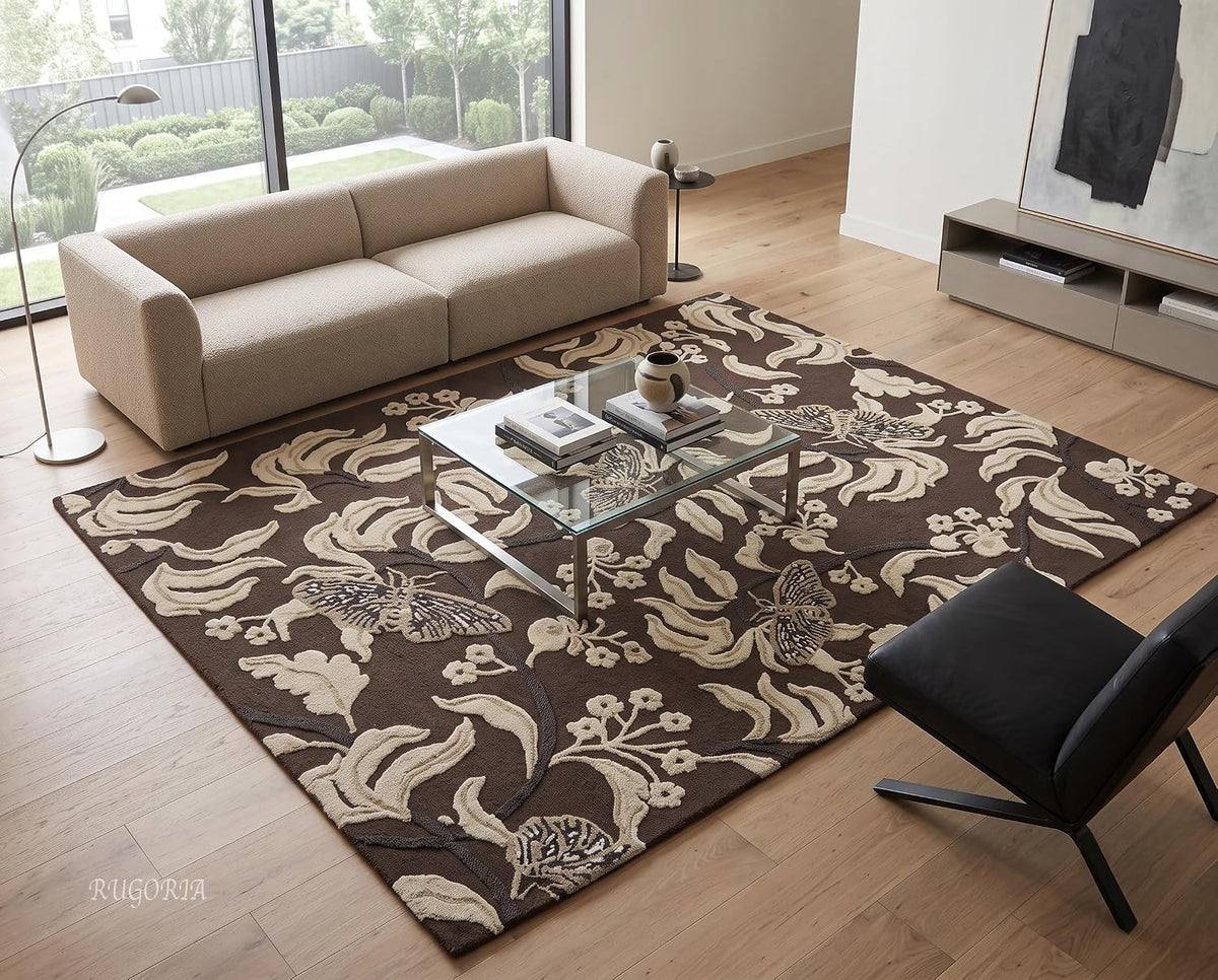 Hand Tufted Wool Rug, Floral Butterfly Botanical Pattern