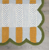 Handmade Scalloped Wool Area Rug - Modern Geometric Pattern & Green-Beige Stripes
