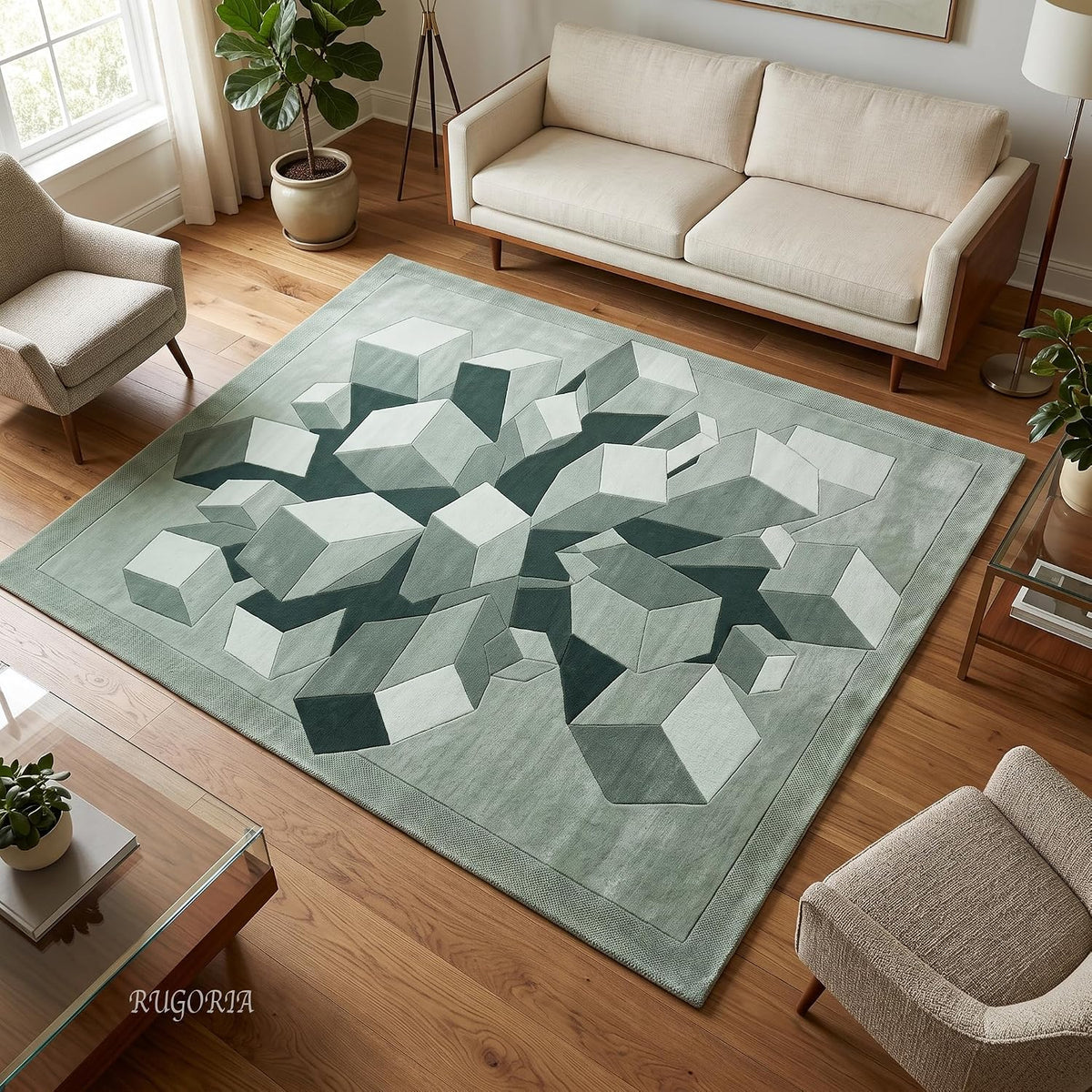 Hand-Tufted Wool Area Rug, 3D Cube Design