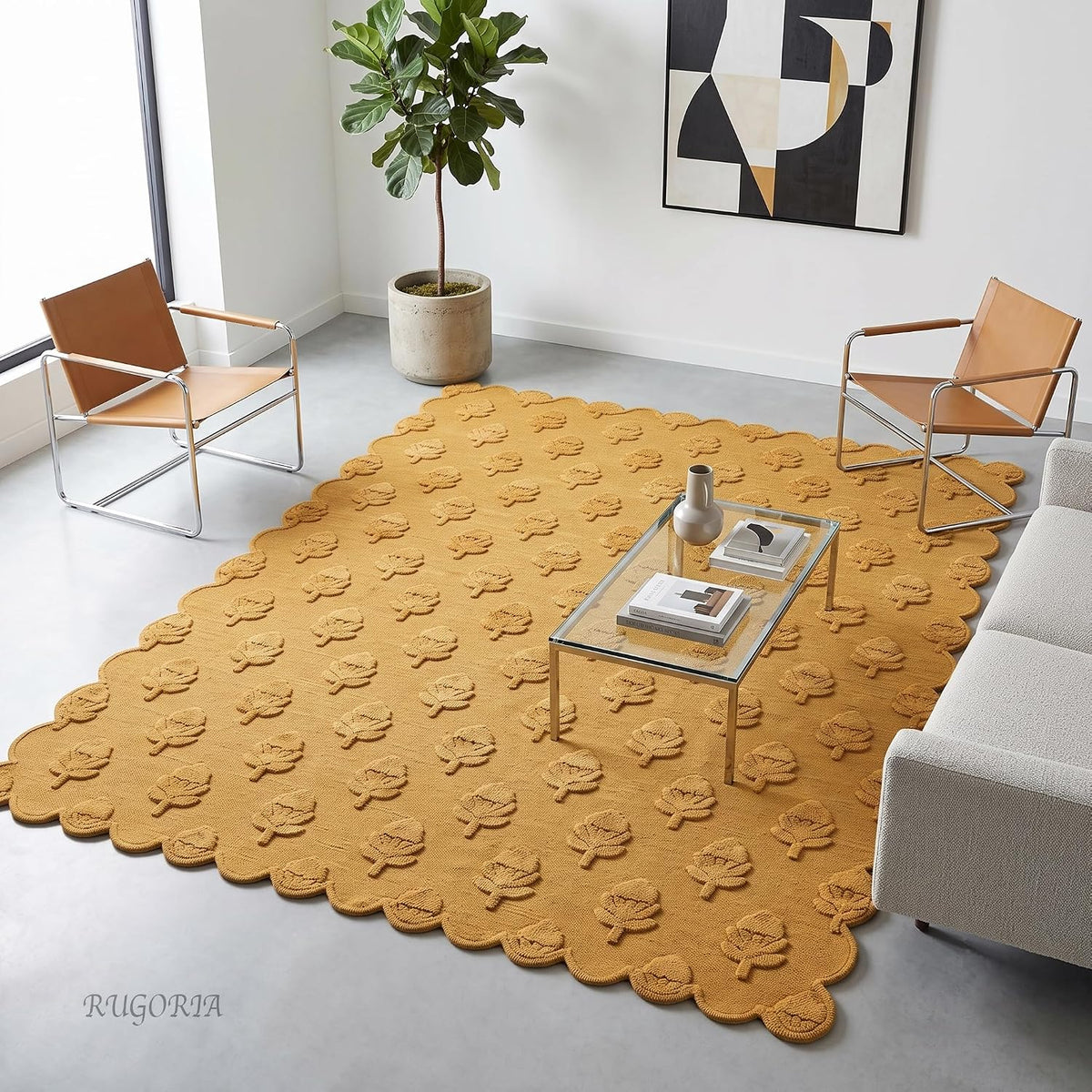 Hand Tufted Wool Rug, Floral Botanical Pattern with Scalloped