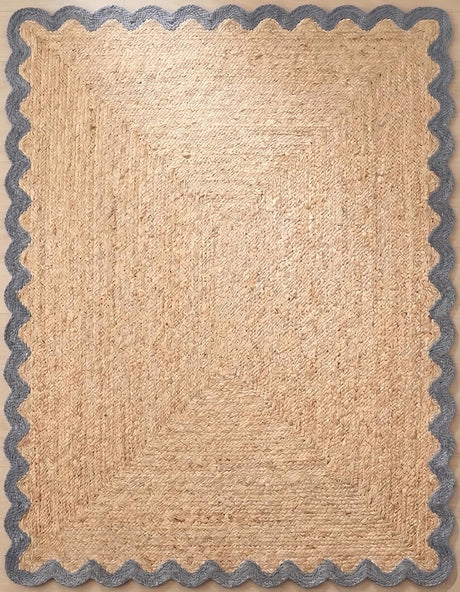 Handwoven Jute Rug with Scalloped Border, Natural Fiber Indoor Rug
