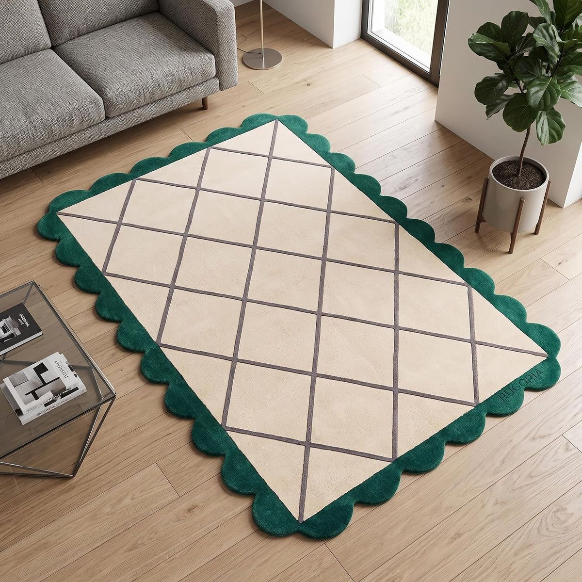Modern Hand Tufted Wool Rug, Scalloped Border, Geometric Diamond Pattern,