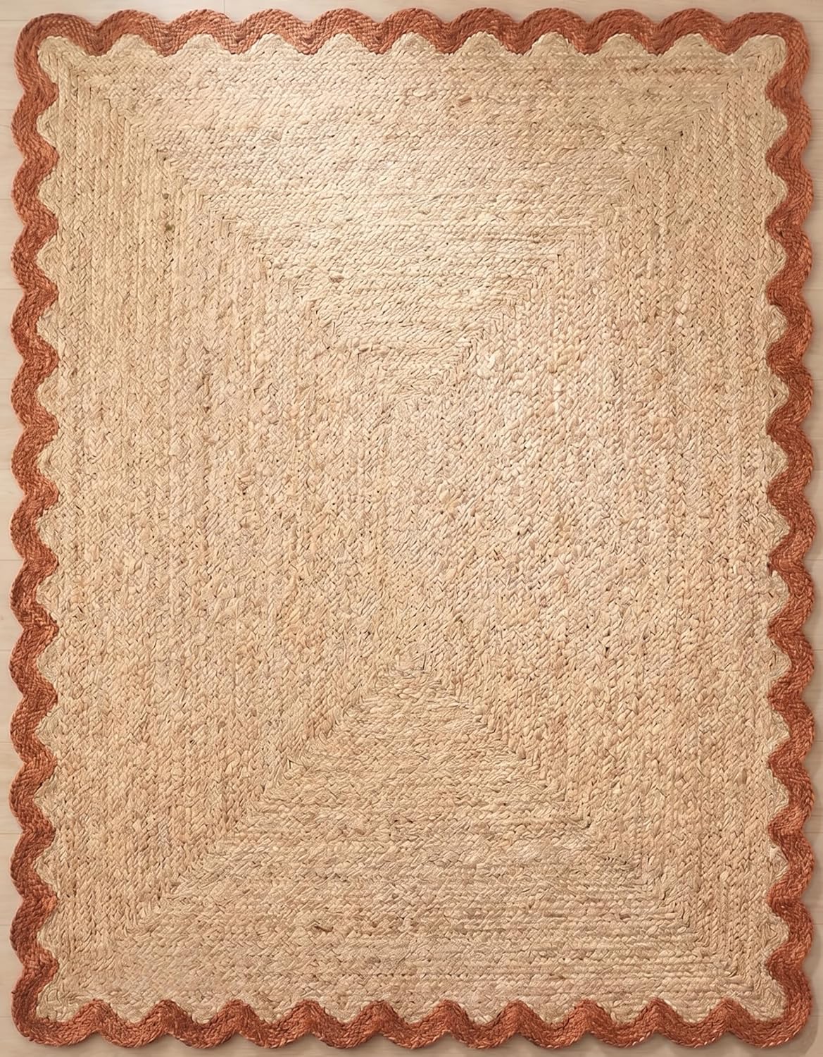 Handwoven Jute Rug with Scalloped Border, Natural Fiber Indoor Rug