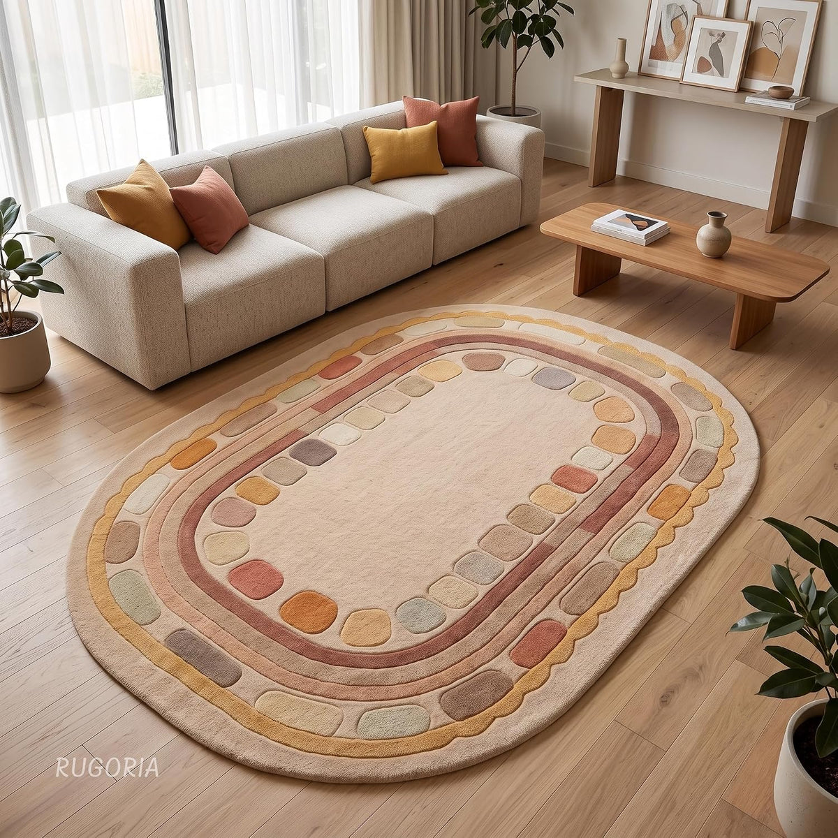 Hand Tufted Wool Rug, Rounded Rectangle Geometric Border Design,