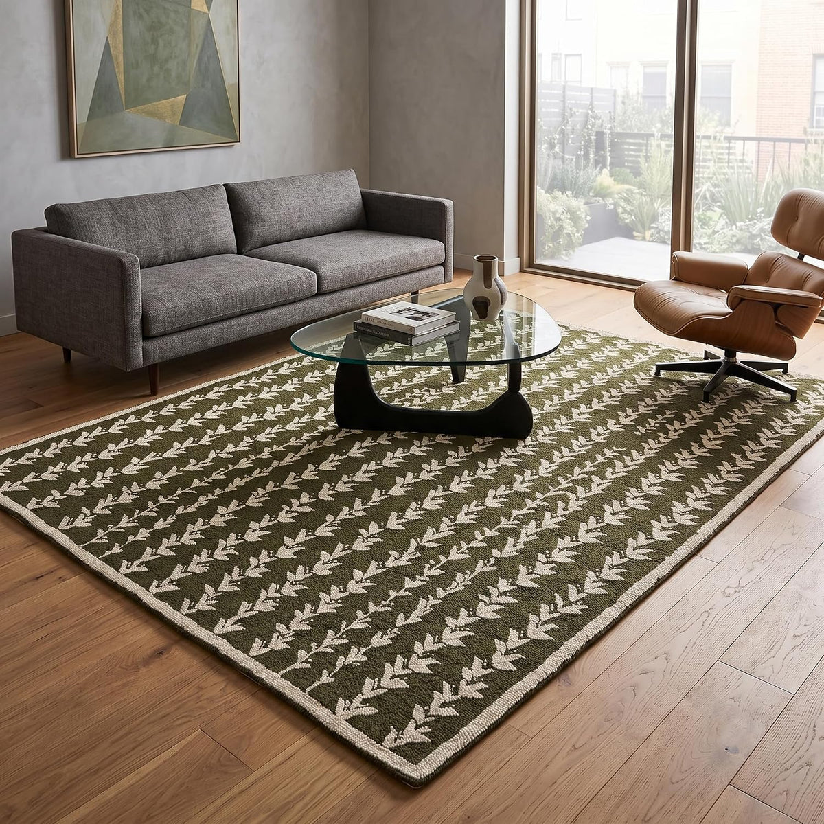 Hand-Tufted Wool Area Rug, Botanical Vine Pattern, Soft Thick Wool Carpet