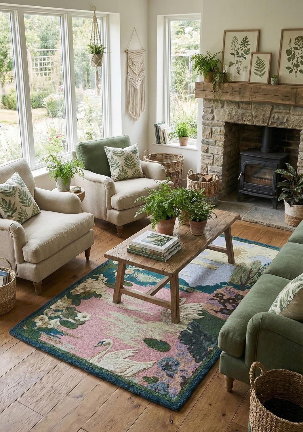 Hand-Tufted 100% Wool Rug – Swan Lake Scenic Floral Design