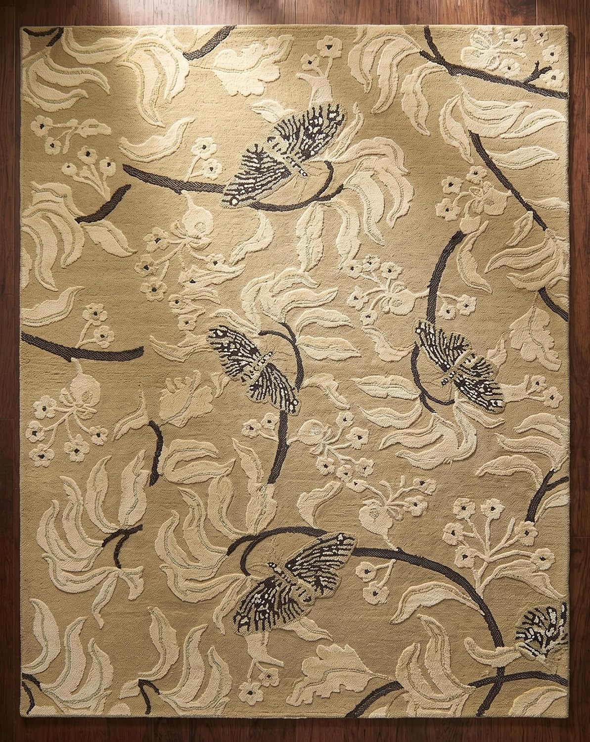 Hand Tufted Wool Rug, Floral Butterfly Botanical Pattern