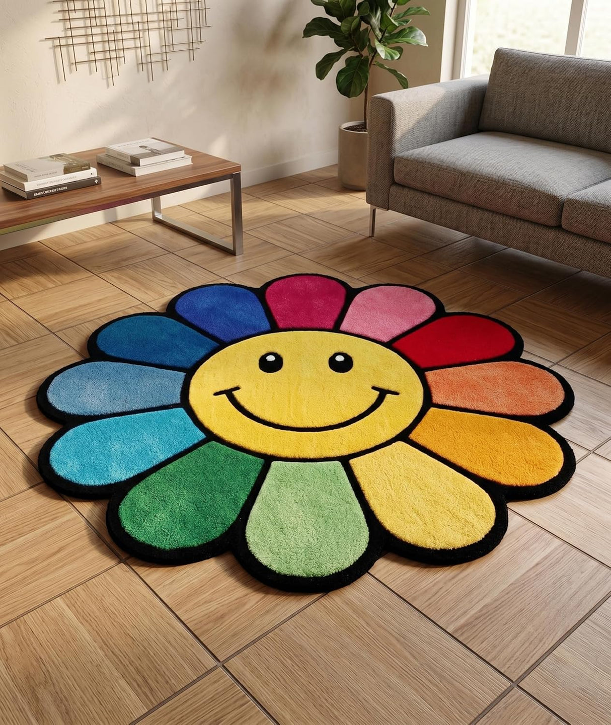 Hand Tufted Wool Area Rug Flower Shape Cartoon Face Design