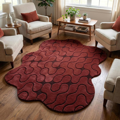 Hand-Tufted Abstract Wool Rug Wavy Pattern Irregular Organic Shape