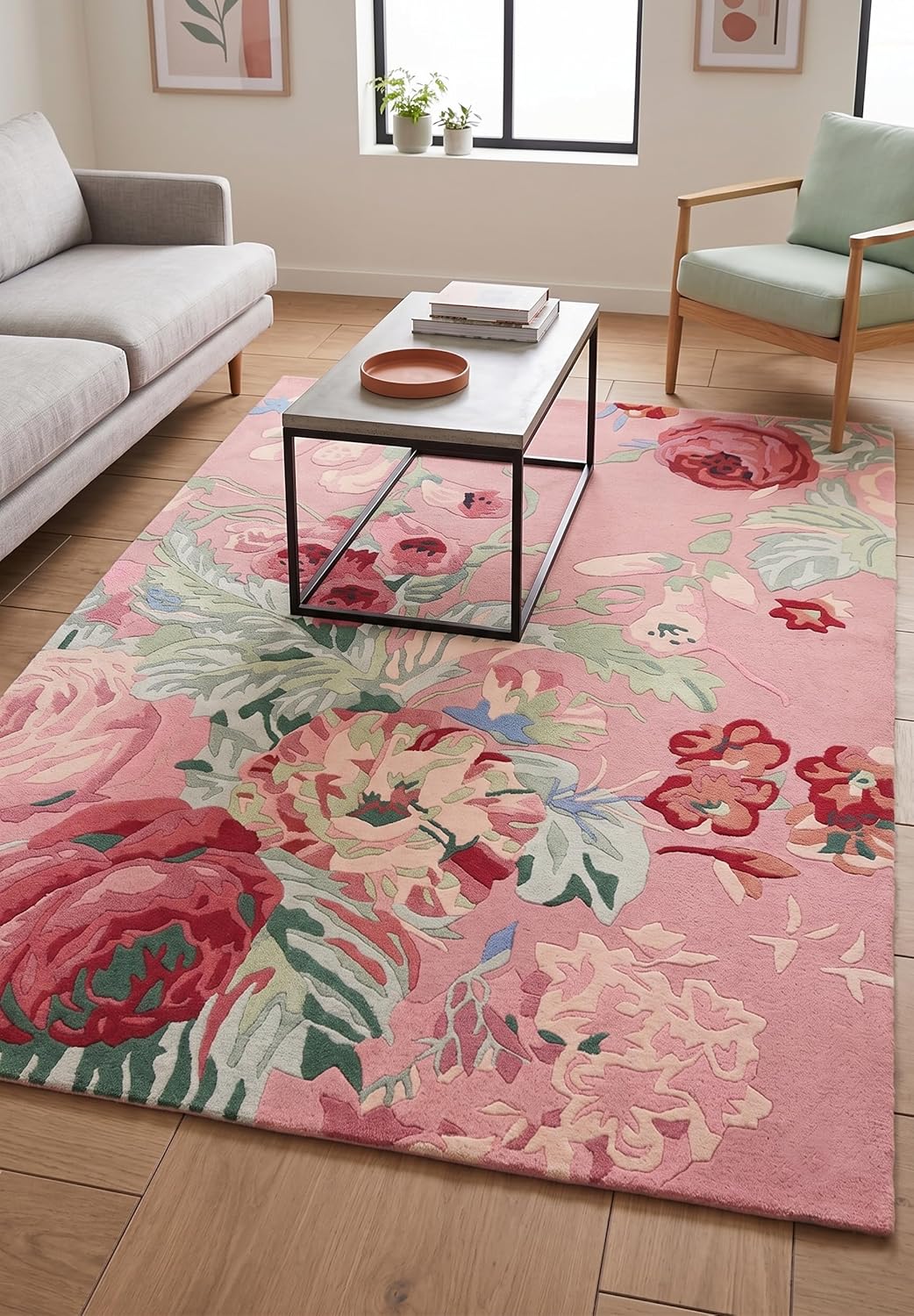 Modern Rose Floral Wool Rug | Colorful Garden Flower Design Carpet