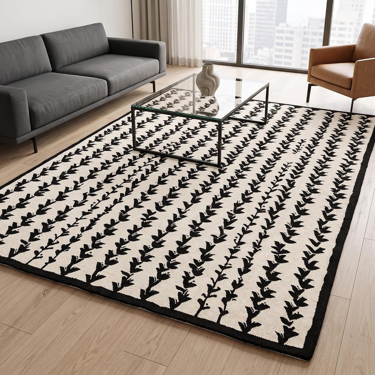 Hand-Tufted Wool Area Rug, Botanical Vine Pattern, Soft Thick Wool Carpet