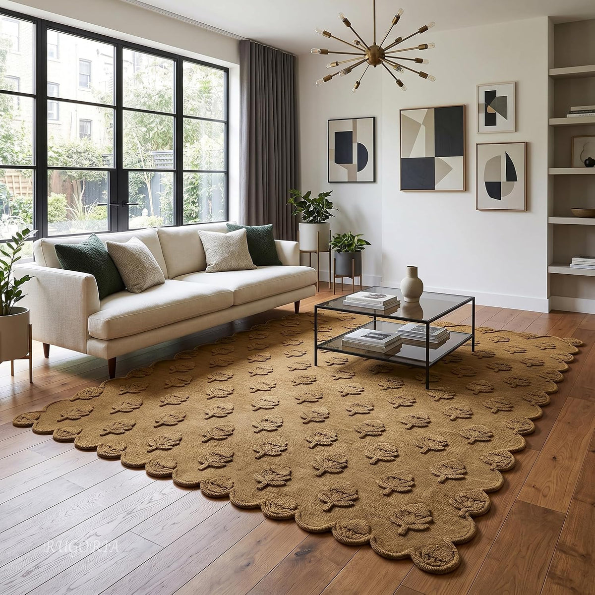 Hand Tufted Wool Rug, Floral Botanical Pattern with Scalloped