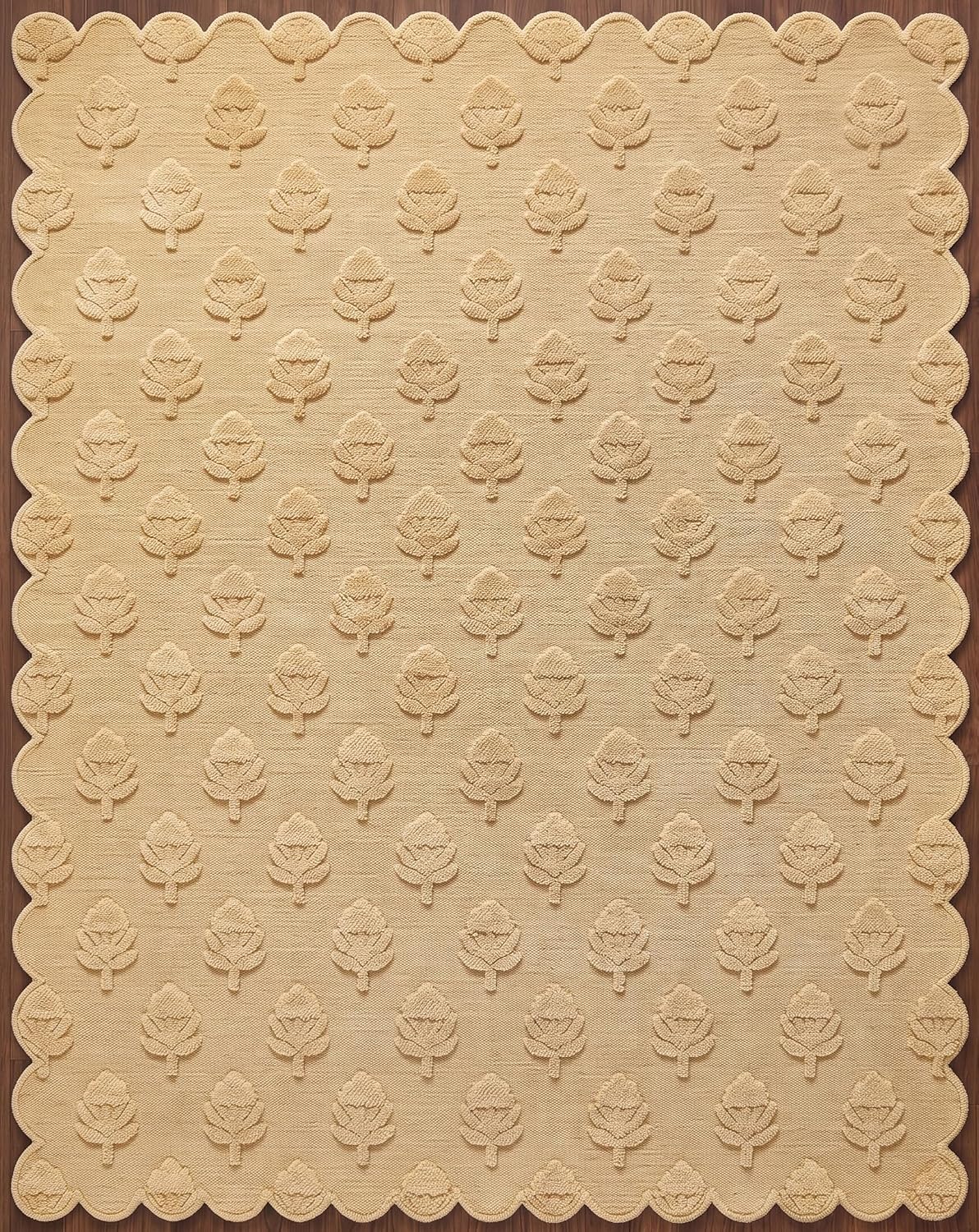 Hand Tufted Wool Rug, Floral Botanical Pattern with Scalloped
