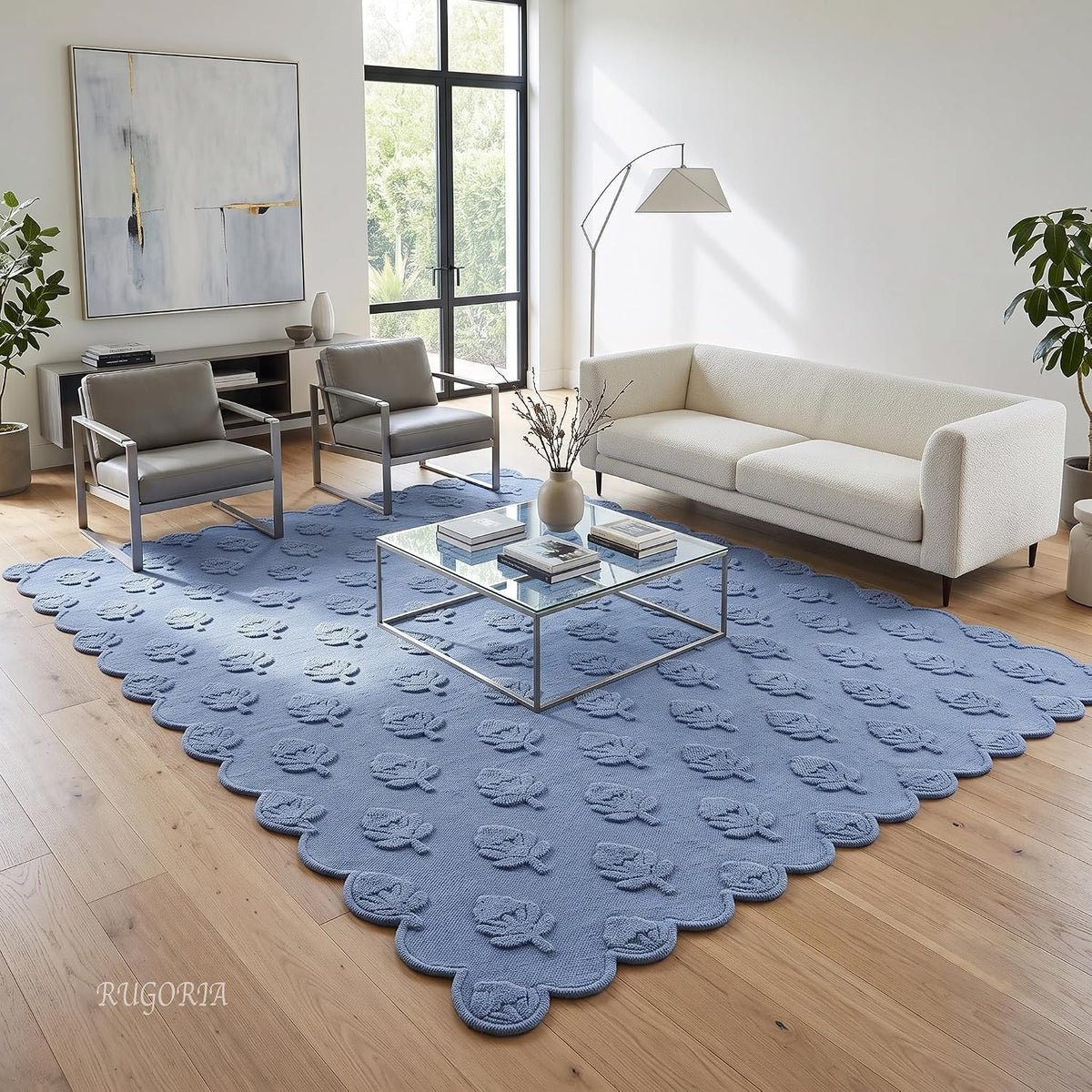 Hand Tufted Wool Rug, Floral Botanical Pattern with Scalloped