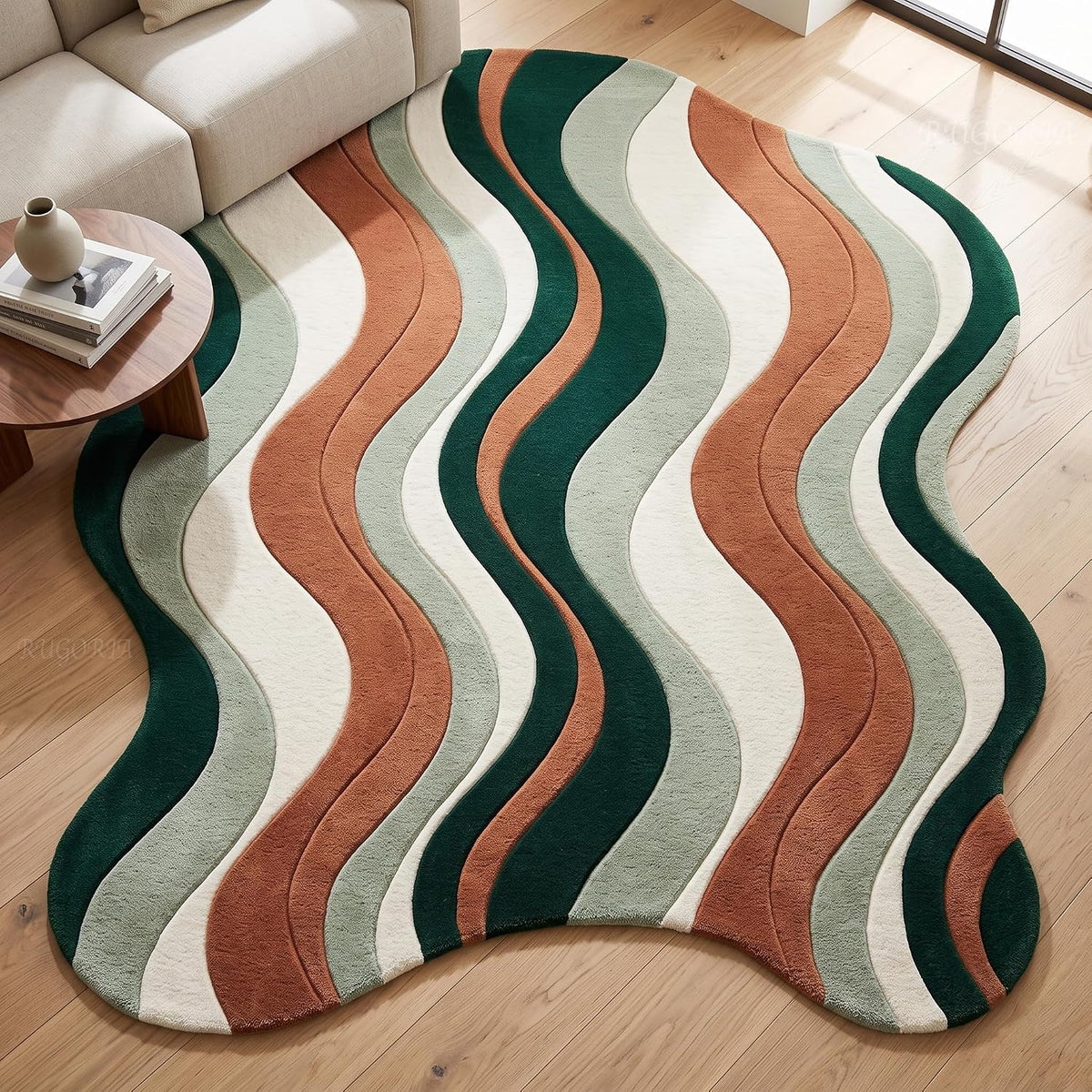 Modern Hand Tufted Wool Area Rug, Abstract Wave Striped Pattern,