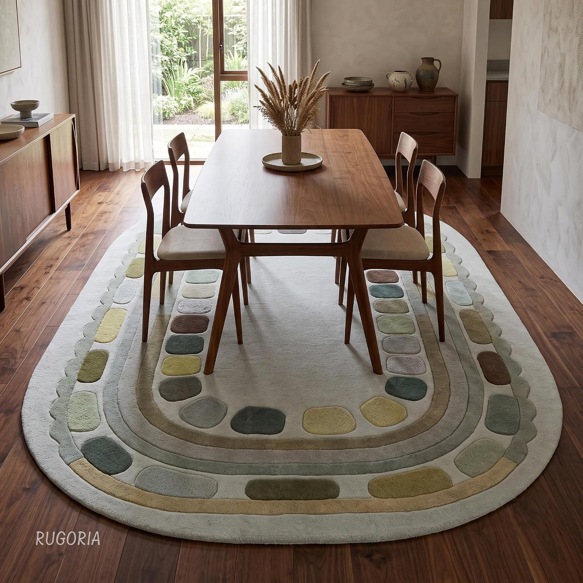 Hand Tufted Wool Rug, Rounded Rectangle Geometric Border Design,